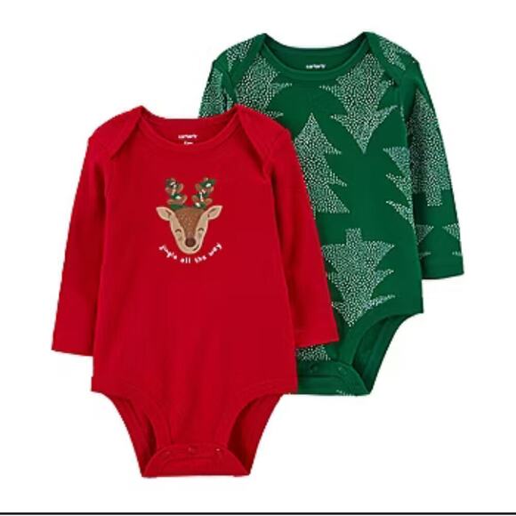Carter's Christmas Theme Baby 2-Pc Crew Neck Long Sleeve Bodysuit‎ Unisex NWT - Picture 1 of 14
